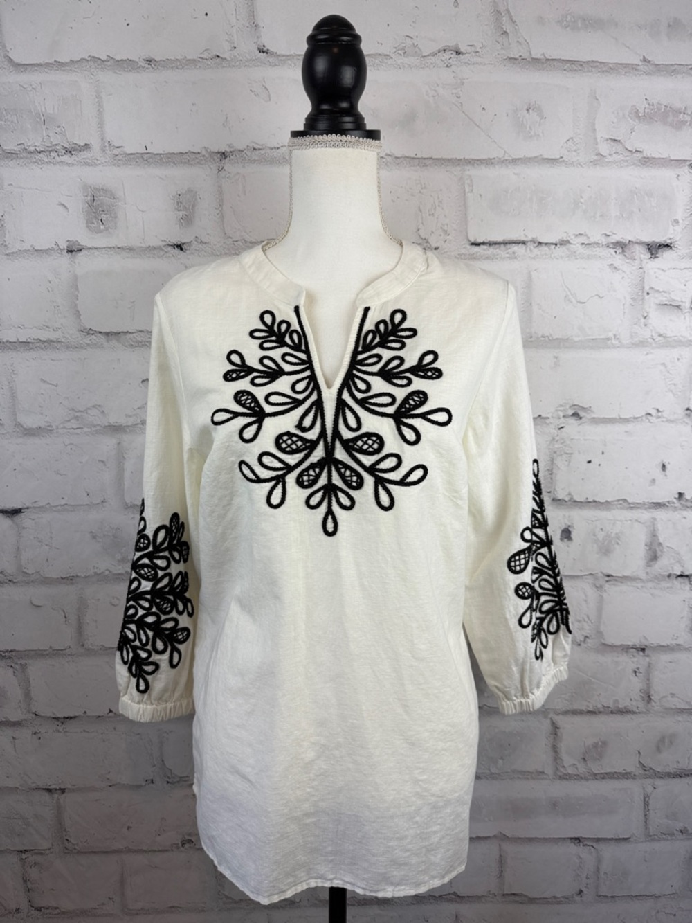 Talbots Linen Blend Embroidered Tunic White Black